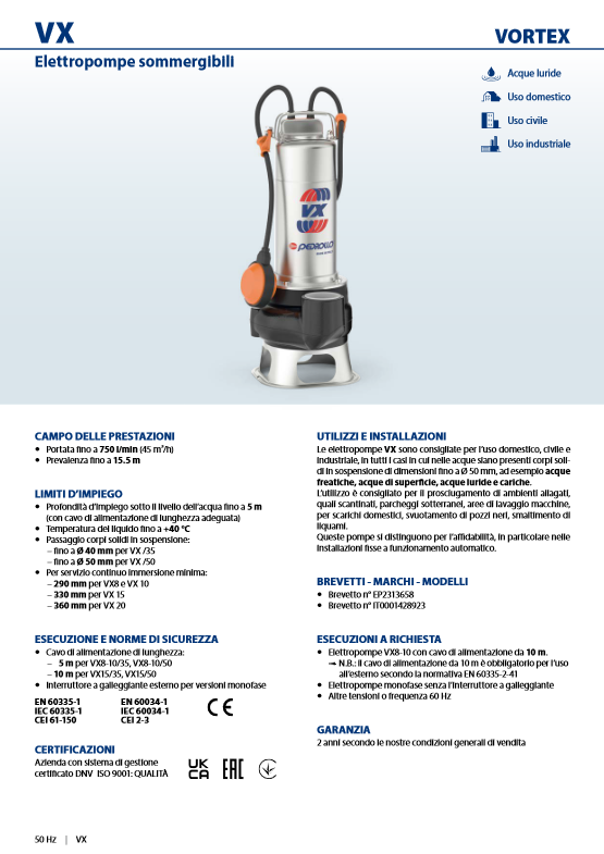 PEDROLLO VXm 10/35-N submersible electric pump for drainage of cesspools and sewage 5 METERS CABLE