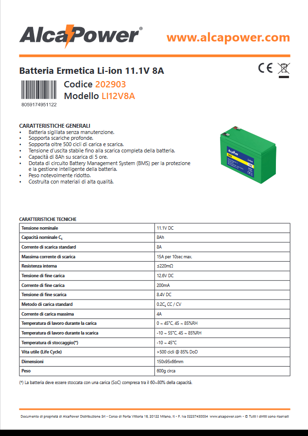 Li-ion hermetic battery 11.1V 8A - ALCAPOWER
