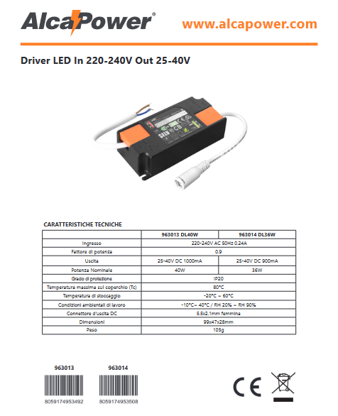Alimentatore Driver per pannelli LED 220-240V Out 25-40V 900mA DC 36W