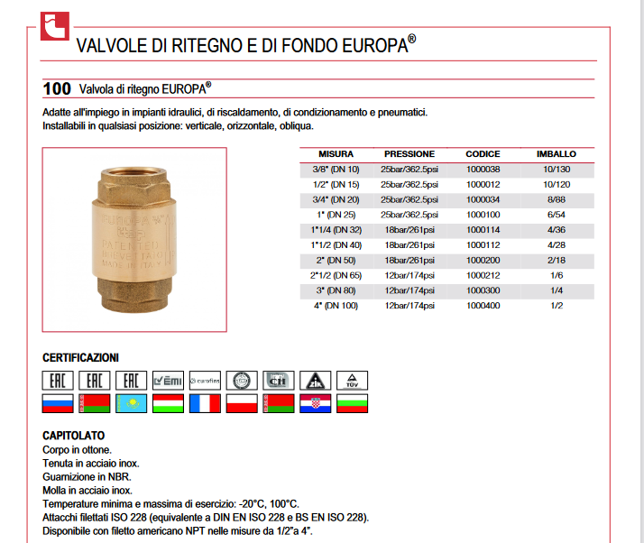 EUROPA® ITAP 1'' (DN 25) brass check valve