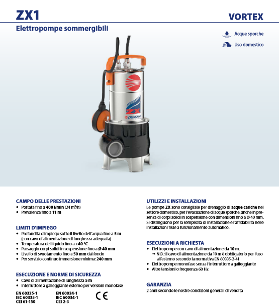 PEDROLLO ZXm1A/40 VORTEX submersible electric pump for drainage of cesspools and sewage