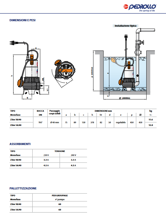 PEDROLLO ZXm1A/40 VORTEX submersible electric pump for drainage of cesspools and sewage