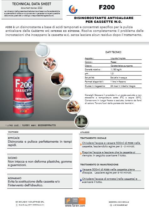 Anti-limescale descaler for WC cisterns - F200 PROFESSIONAL - FAREN