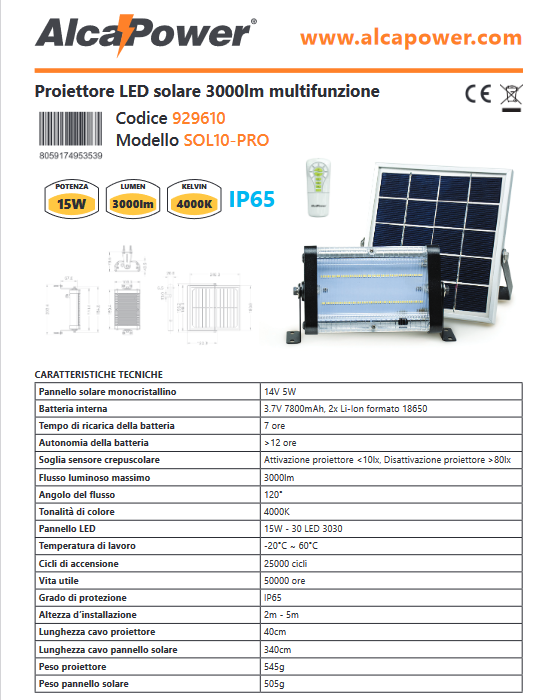 Proiettore solare 3000lm multifunzione+telecomando - SOL10-PRO