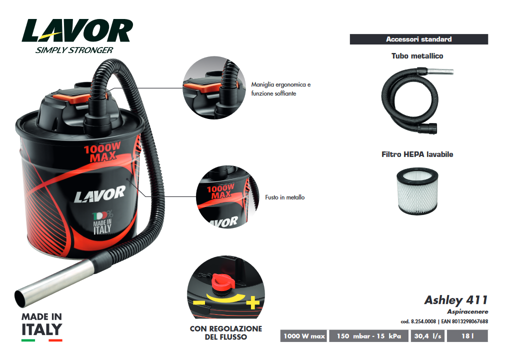 Ash vacuum cleaner 1000W ASHLEY 411 - LAVOR