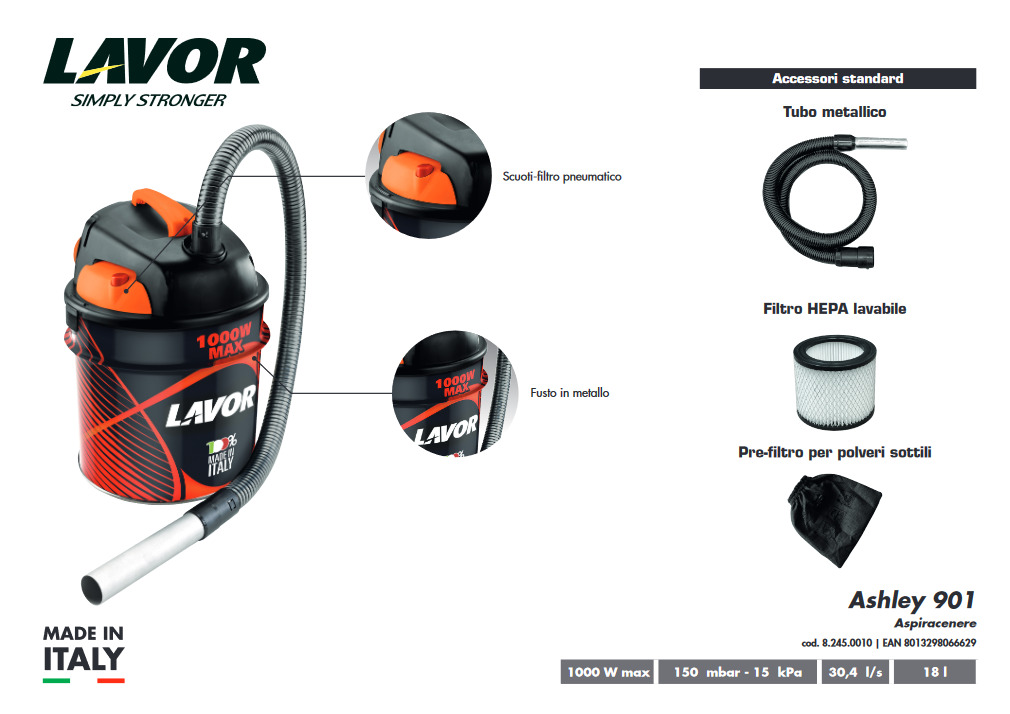 Bidone aspiracenere 1000W LT.18 LAVOR ASHLEY 901