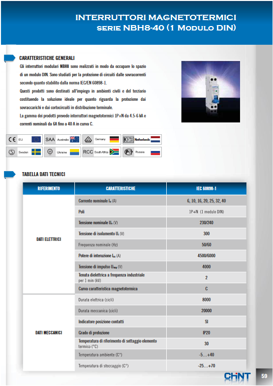 Interruttore magnetotermico compatto 1 modulo - 1P+N 4,5kA Curva C - CHINT