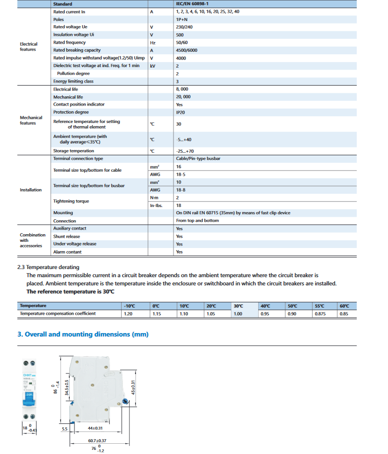 Interruttore magnetotermico compatto 1 modulo - 1P+N 4,5kA Curva C - CHINT