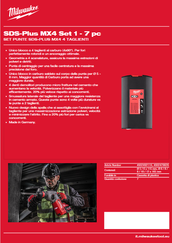 Satz mit 7 SDS-Plus-Bits mit 4 Schneiden – MX4 MILWAUKEE