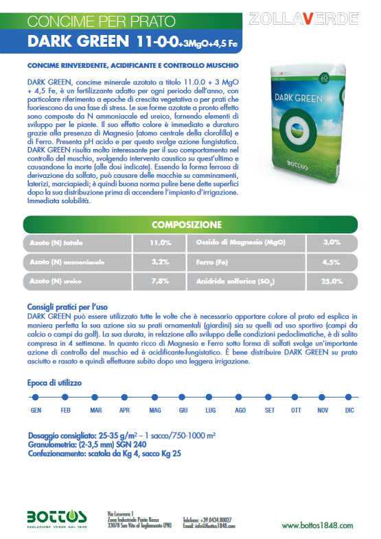 Concime rinverdente per prato con azione antimuschio DARK GREEN 4kg. BOTTOS