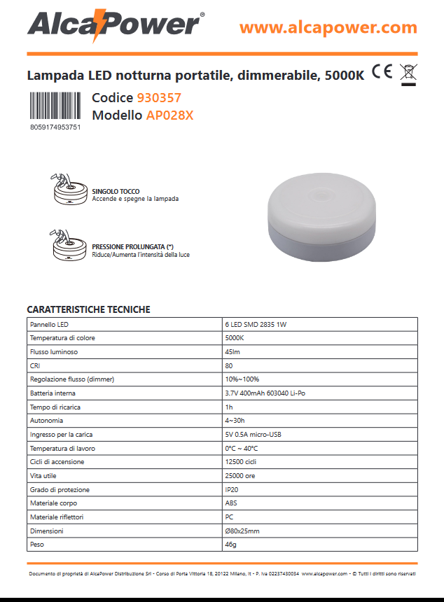 Lampada LED notturna portatile dimmerabile