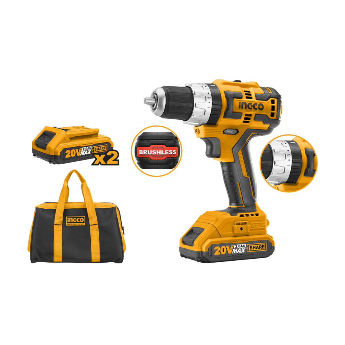 Trapano avvitatore con percussione Brushless 20V con 2 batterie da 2,0Ah INGCO