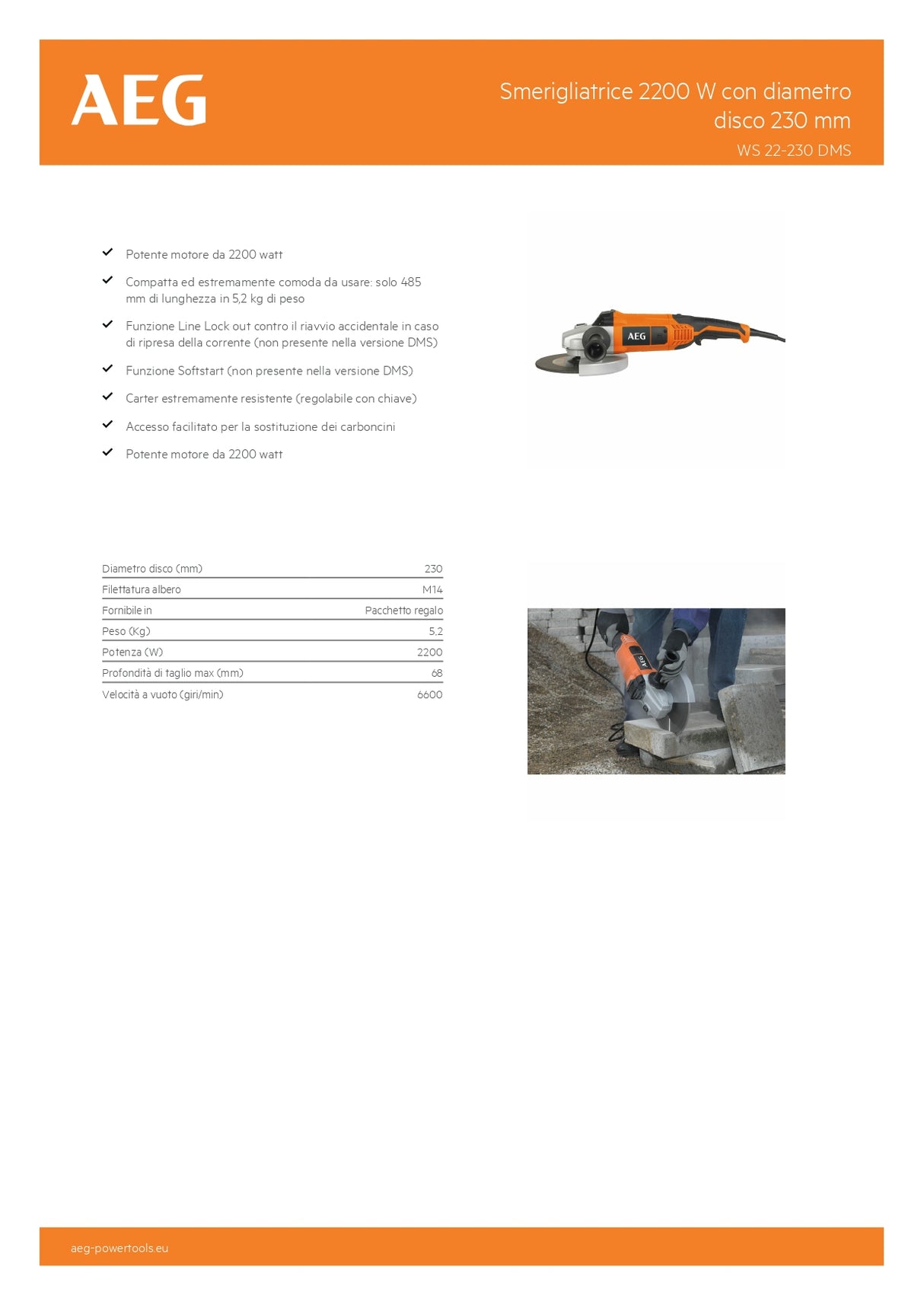 AEG WS 22-230 – Smerigliatrice Angolare 2200W | Disco Ø230 mm