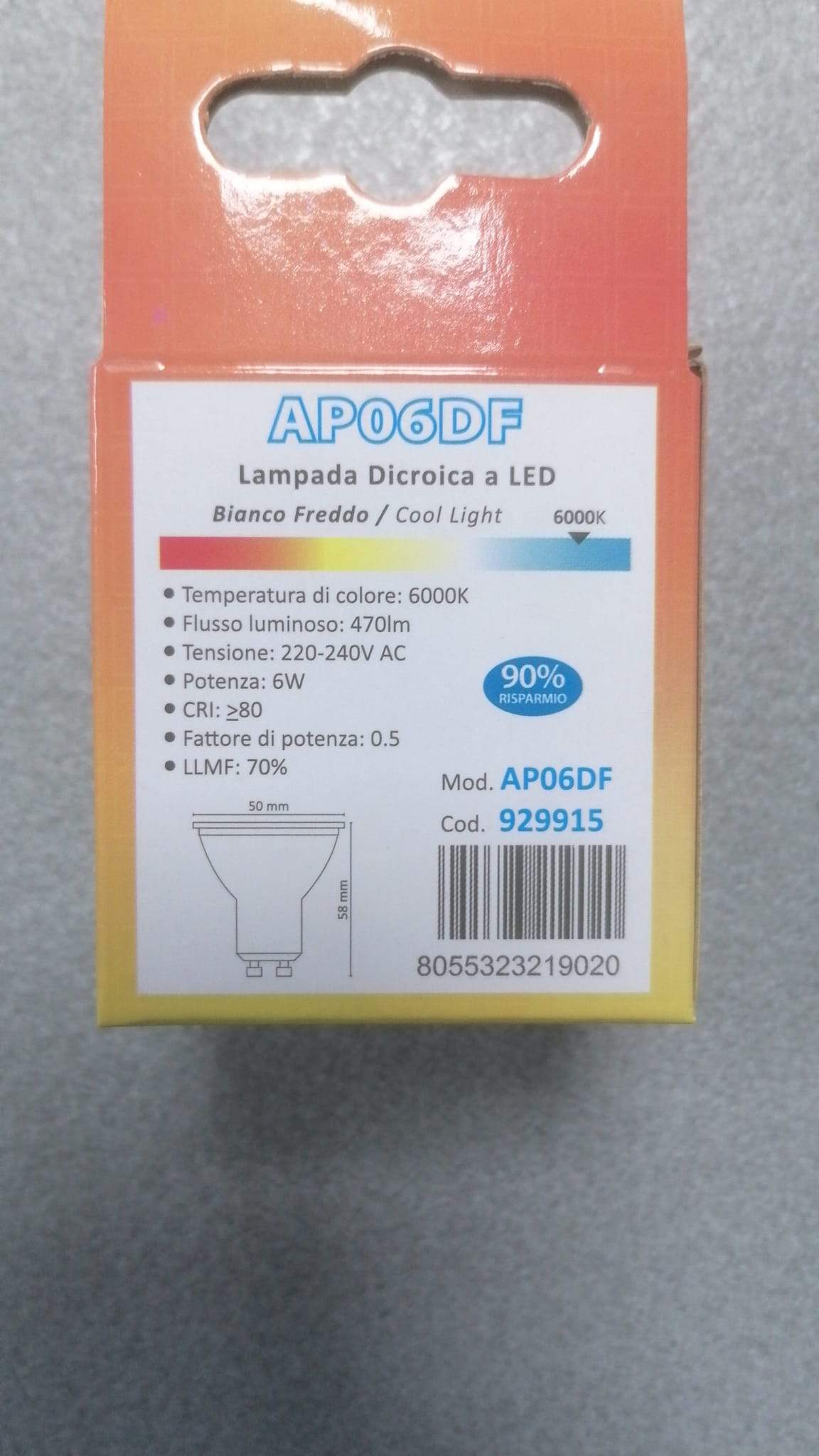 Lampadina dicroica GU10 a led 6W 470lm luce fredda 6000K - La Fattoria