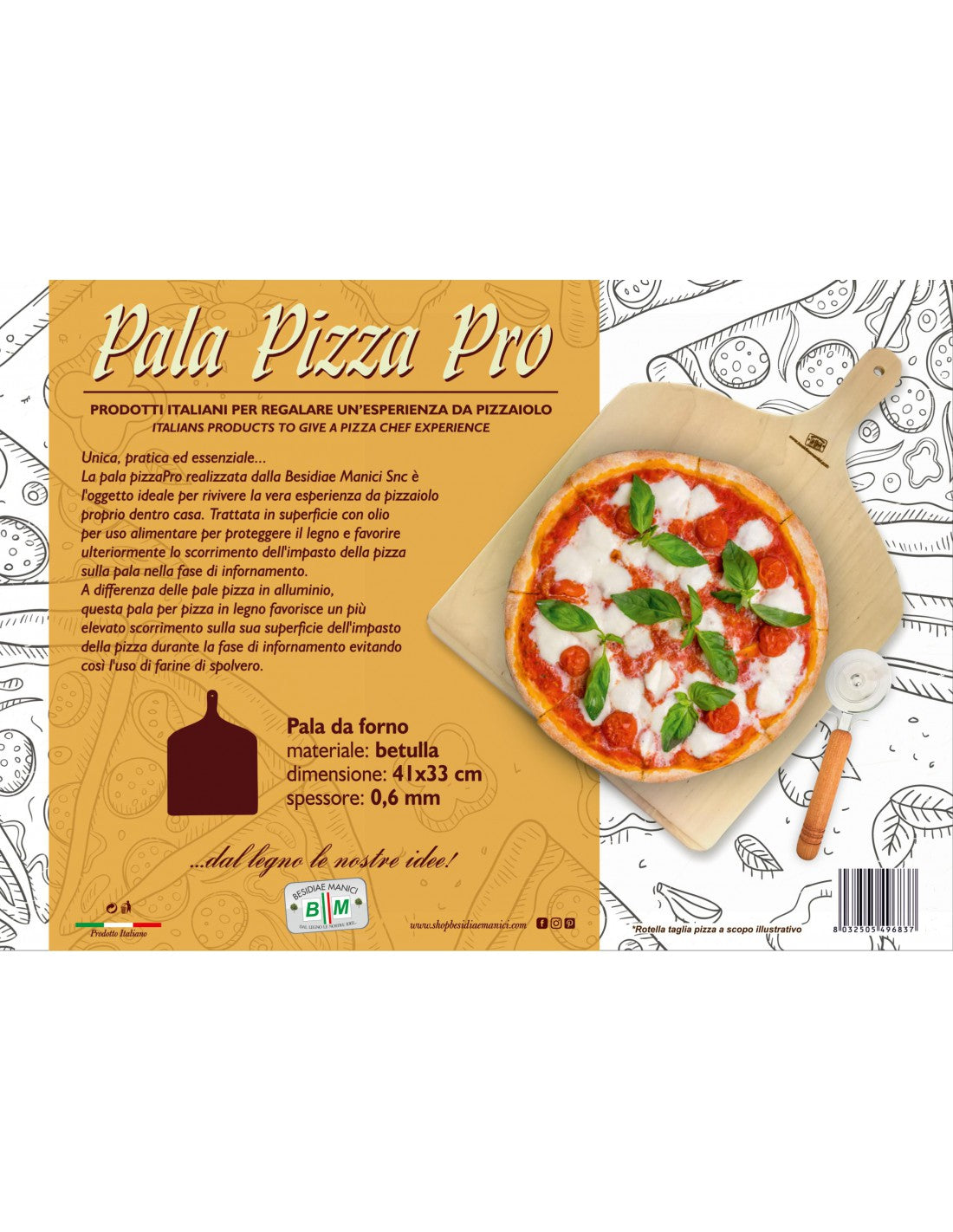 Pala per Pizza in legno di betulla dimensioni 41x33 cm spessore 0,6mm