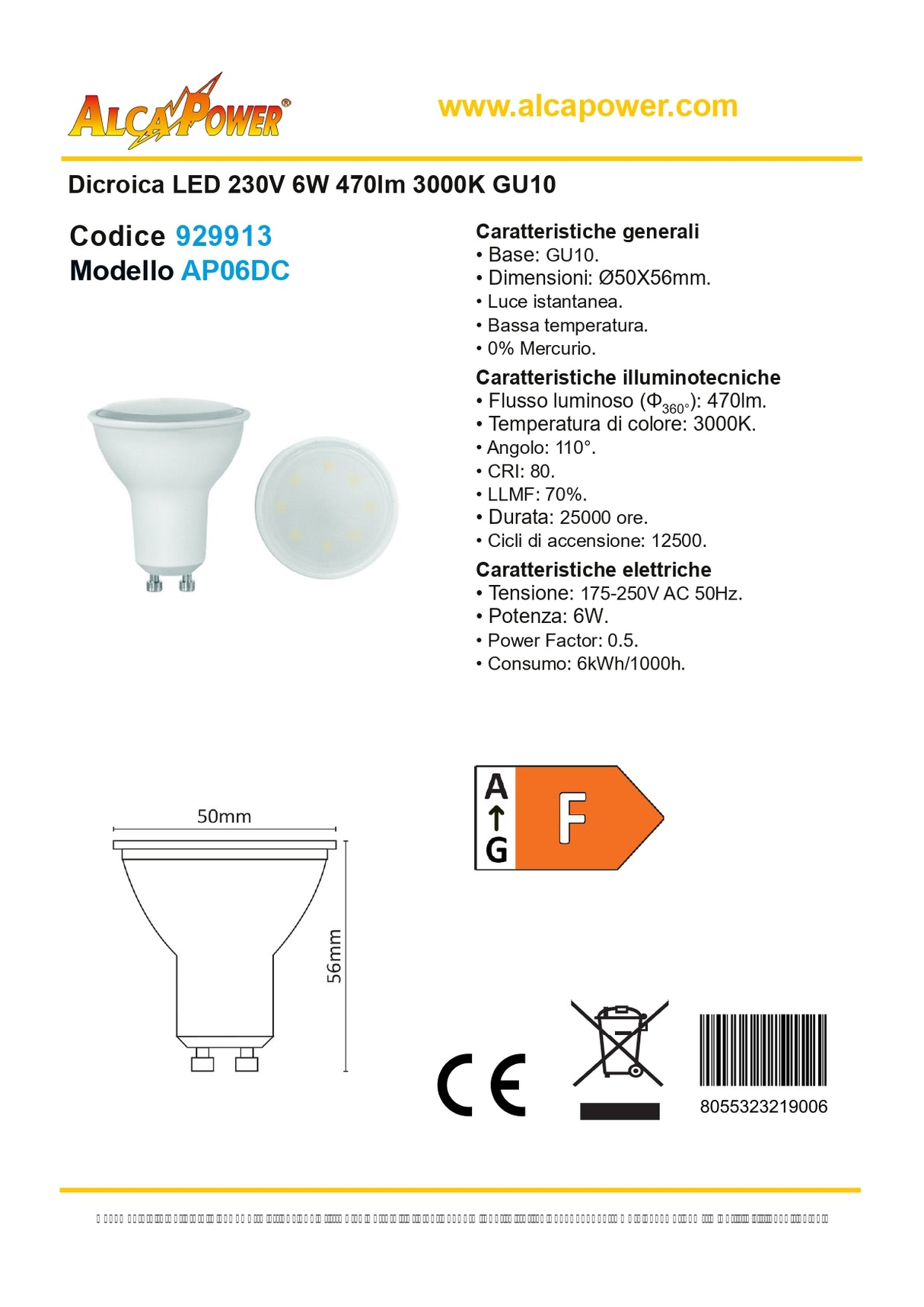 GU10 dichroitische LED-Lampe 6W 470lm warmes Licht 3000K