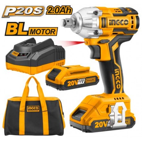 INGCO 1/2'' brushless impact wrench with 2 2 Ah batteries + bag