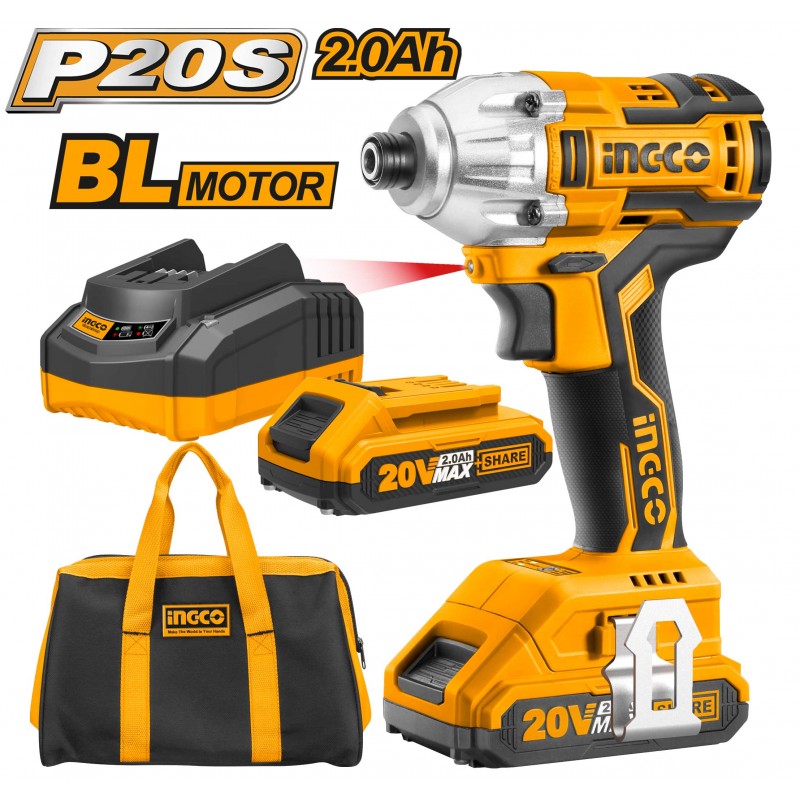 INGCO Avvitatore a impulsi brushless 1/4'' con 2 batterie 2Ah con borsa CIRLI2002