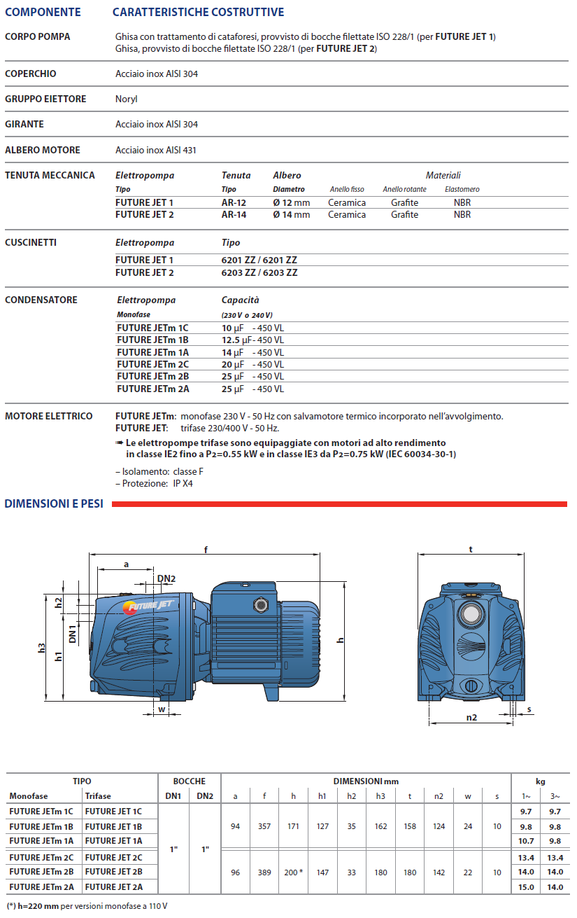 PEDROLLO FUTURE JETm 2C - 1.0HP self-priming electric pump - for autoclave