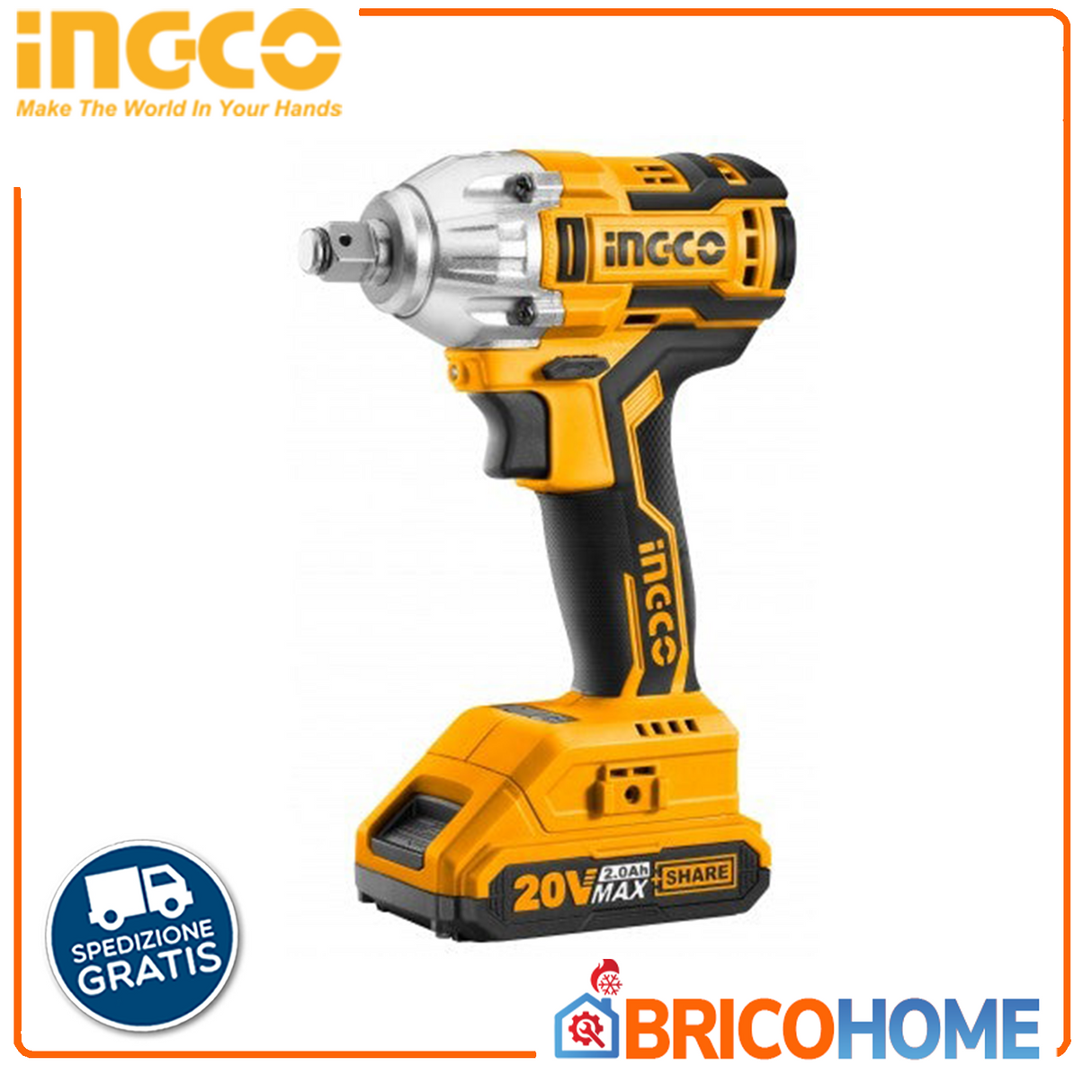 INGCO 1/2'' brushless impact wrench with 2 2 Ah batteries + bag