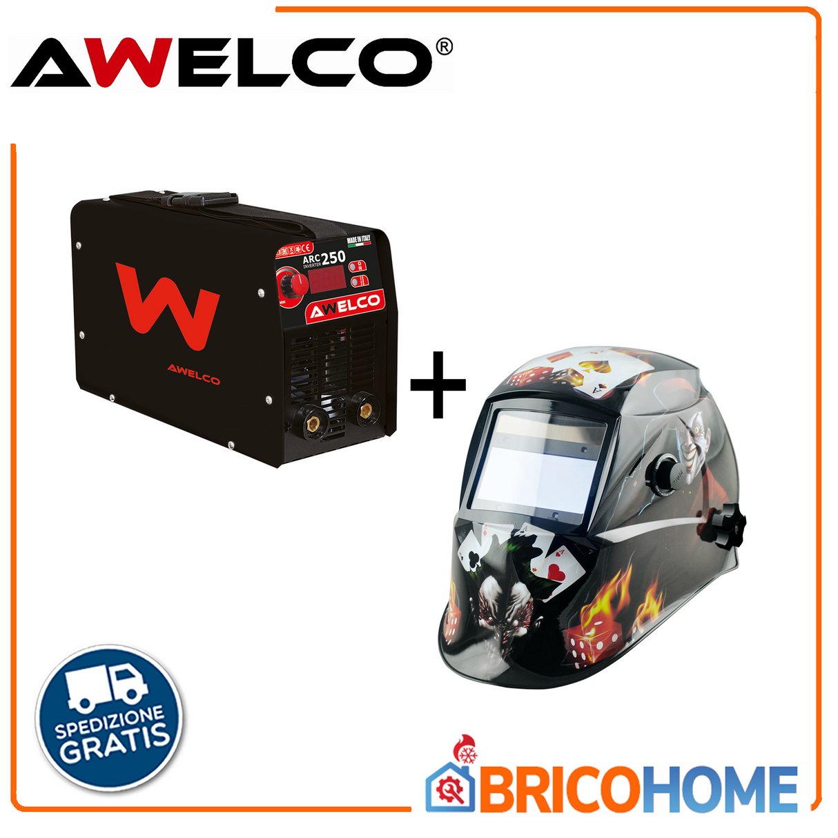 Awelco ARC 250 electrode inverter welding machine + HELMET-3000-E JOKER self darkening helmet