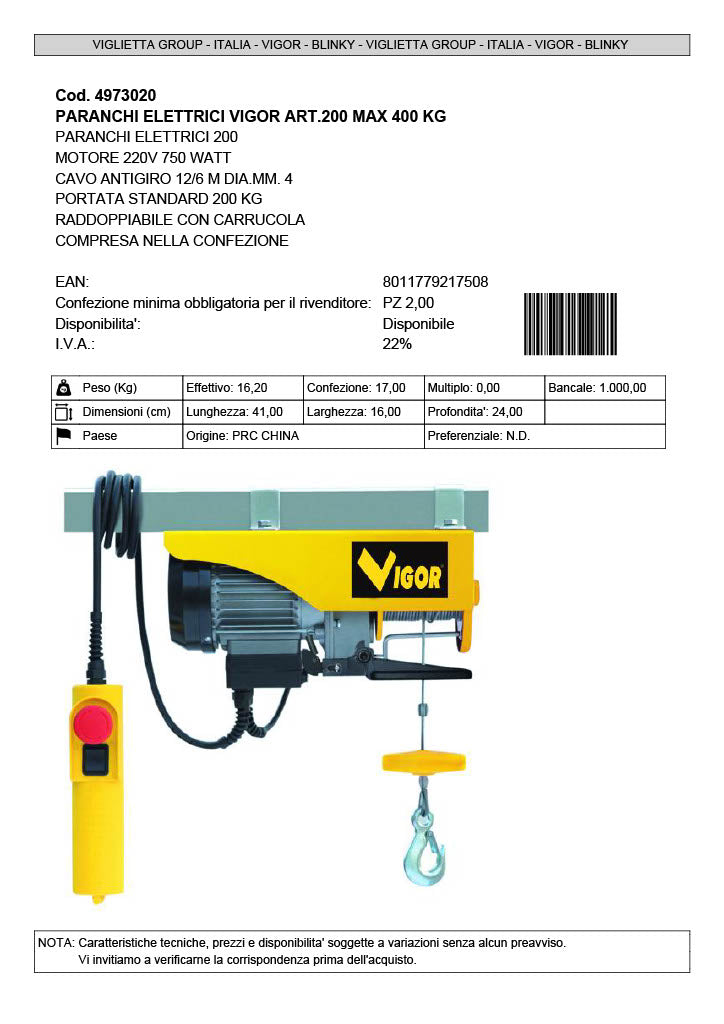 Paranco Elettrico 750W 200 Kg - Vigor