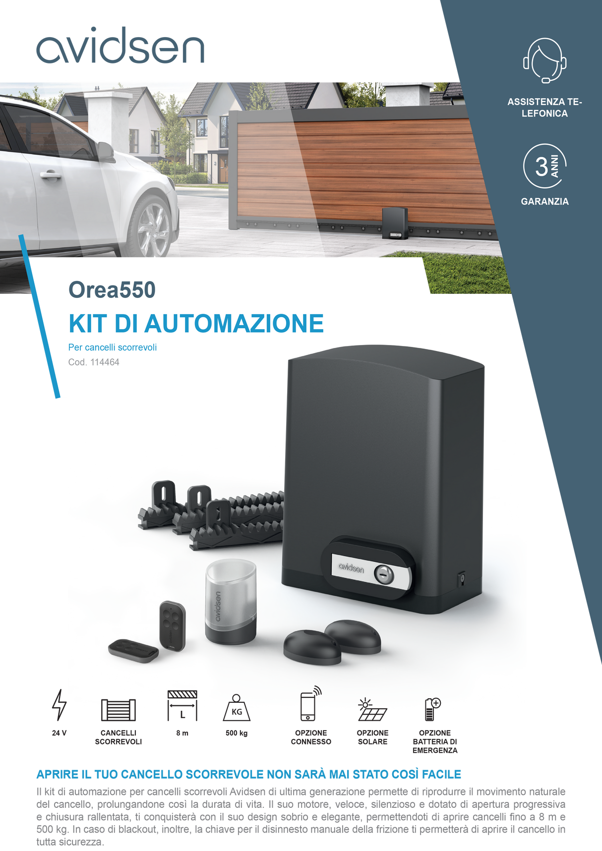 Orea 550 24V Schiebetorautomatik – Flügel bis 8 m / 500 kg.