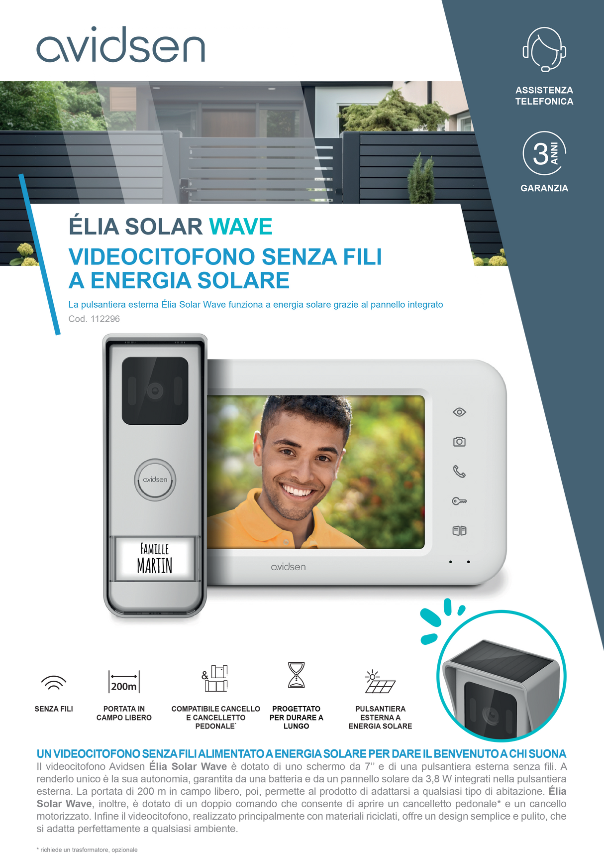 Videocitofono Wireless Autoalimentato con Pannello Solare Monofamiliare 7'' Elia Solar Wave