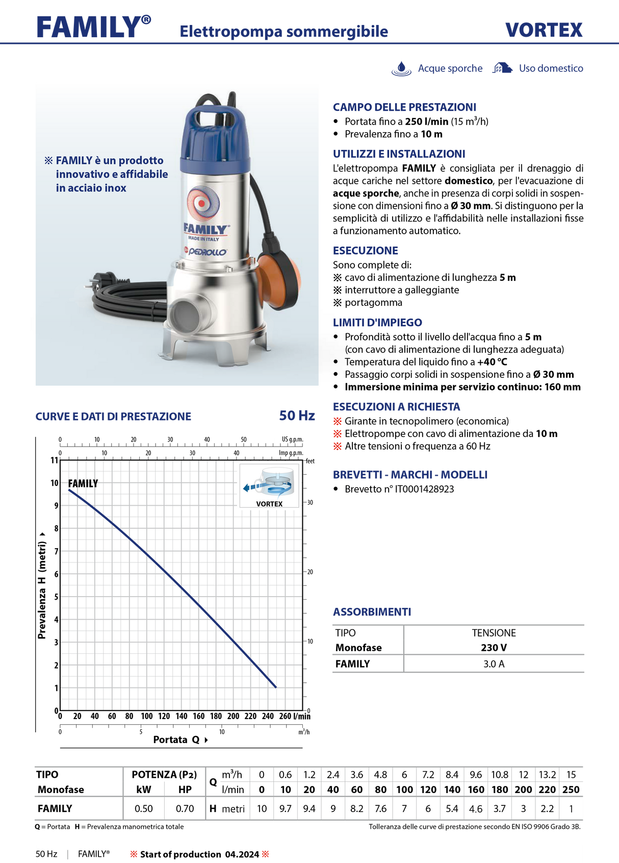 Elettropompa sommergibile per drenaggio acque sporche e liquami in acciaio inox - Family Pedrollo