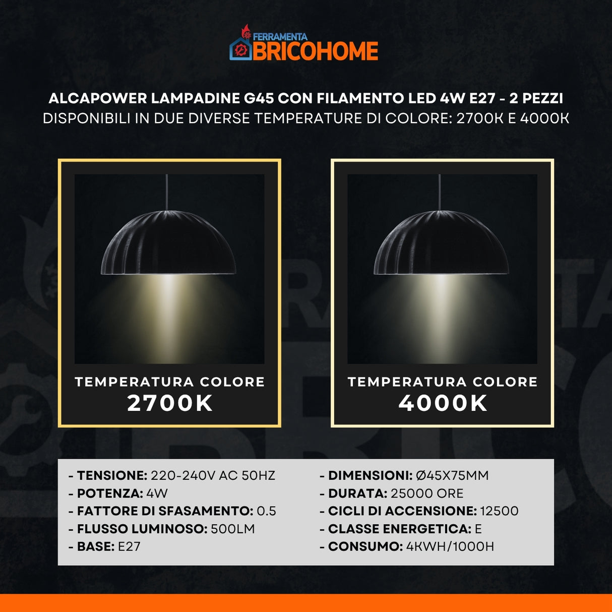 AlcaPower Lampadine G45 con filamento LED 4W E27 - 2 pezzi
