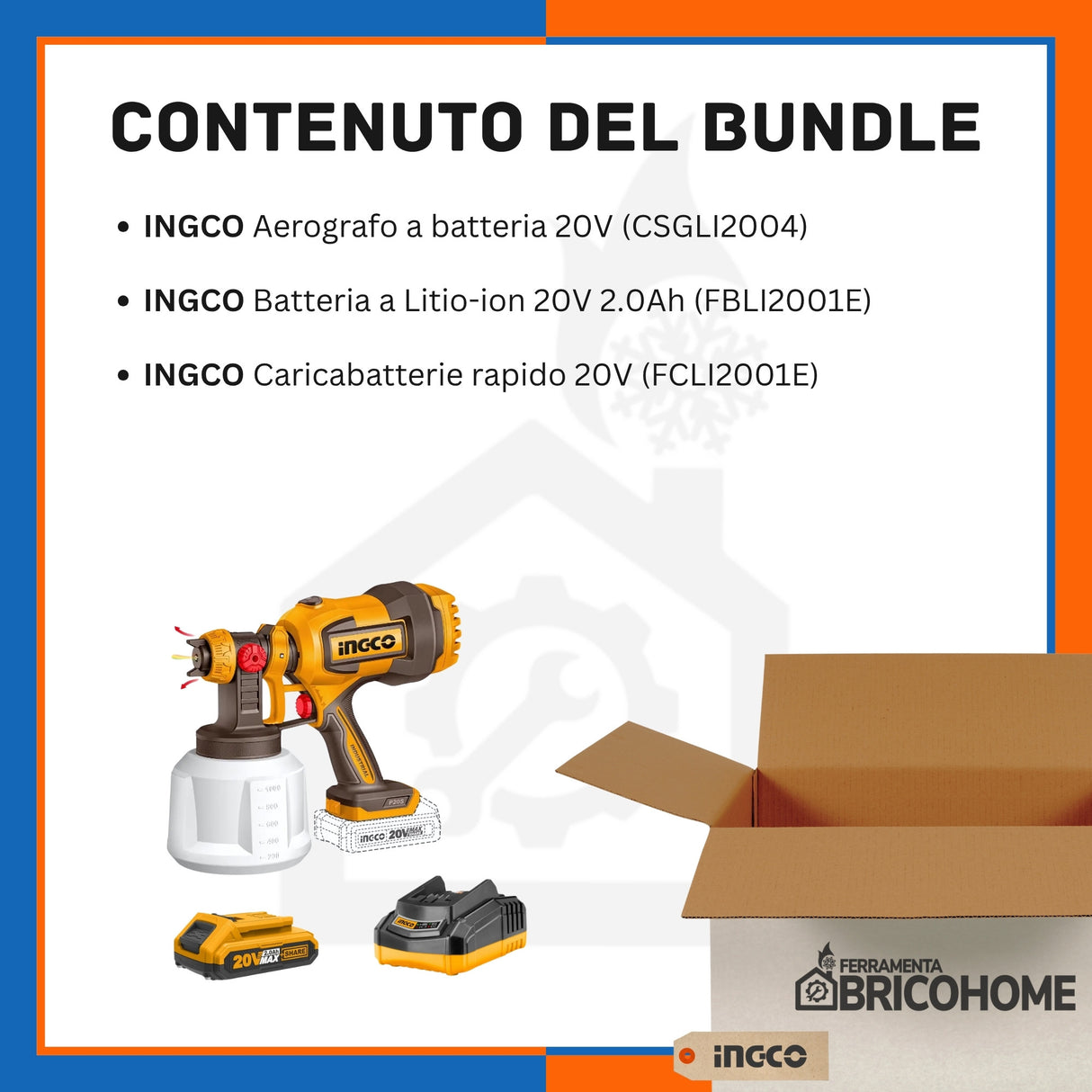 Kit INGCO Aerografo a batteria 20V + Batteria 2.0Ah + Caricabatteria rapido [BUNDLE]
