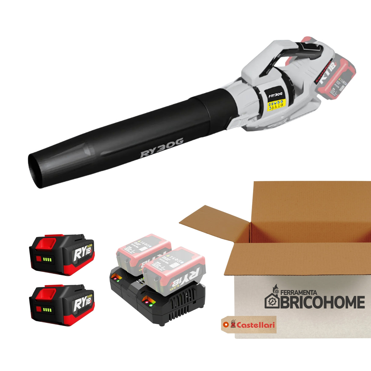 Kit Castellari Soffiatore RY30G con 2 Batterie da 18V e Caricabatterie Rapido [BUNDLE]
