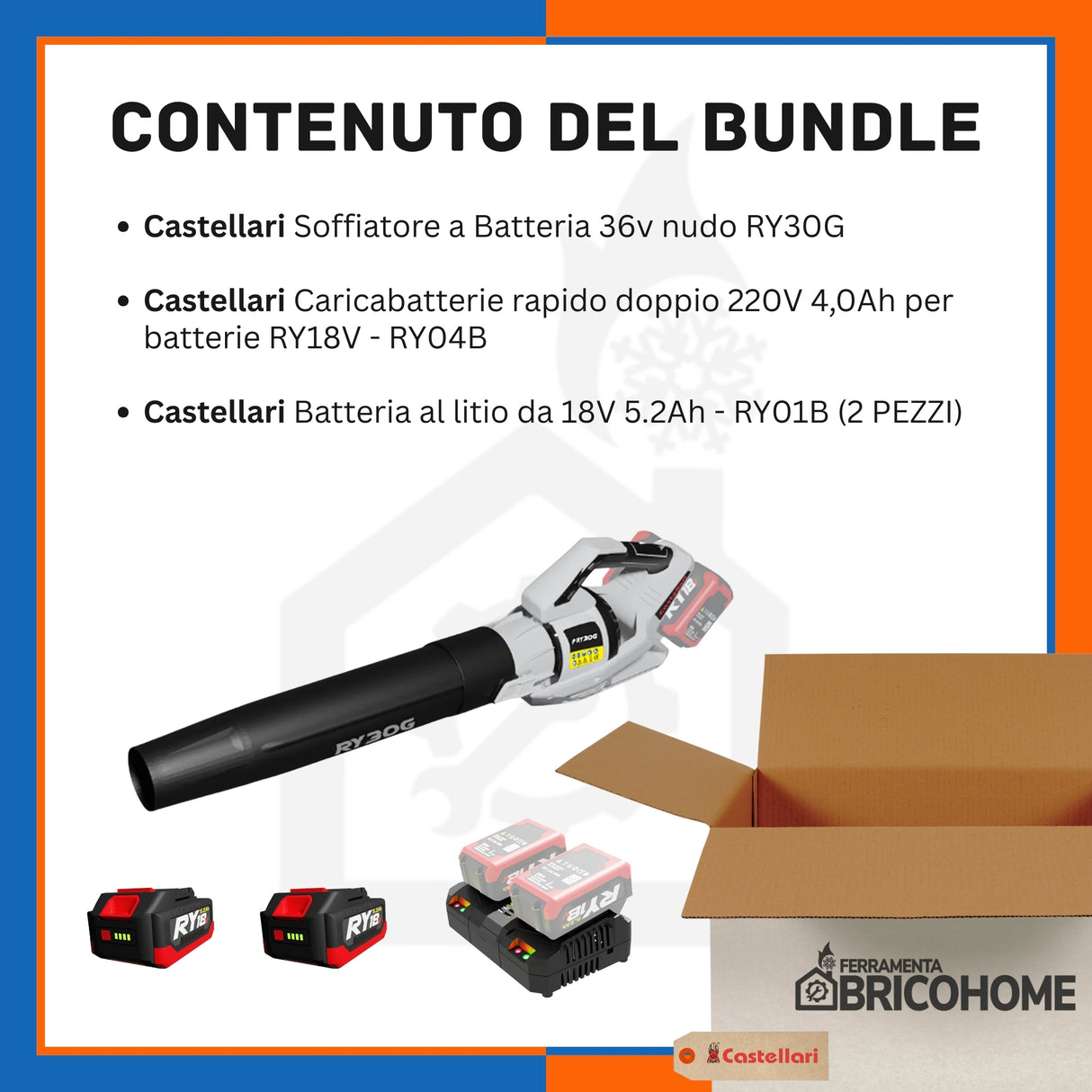 Kit Castellari Soffiatore RY30G con 2 Batterie da 18V e Caricabatterie Rapido [BUNDLE]