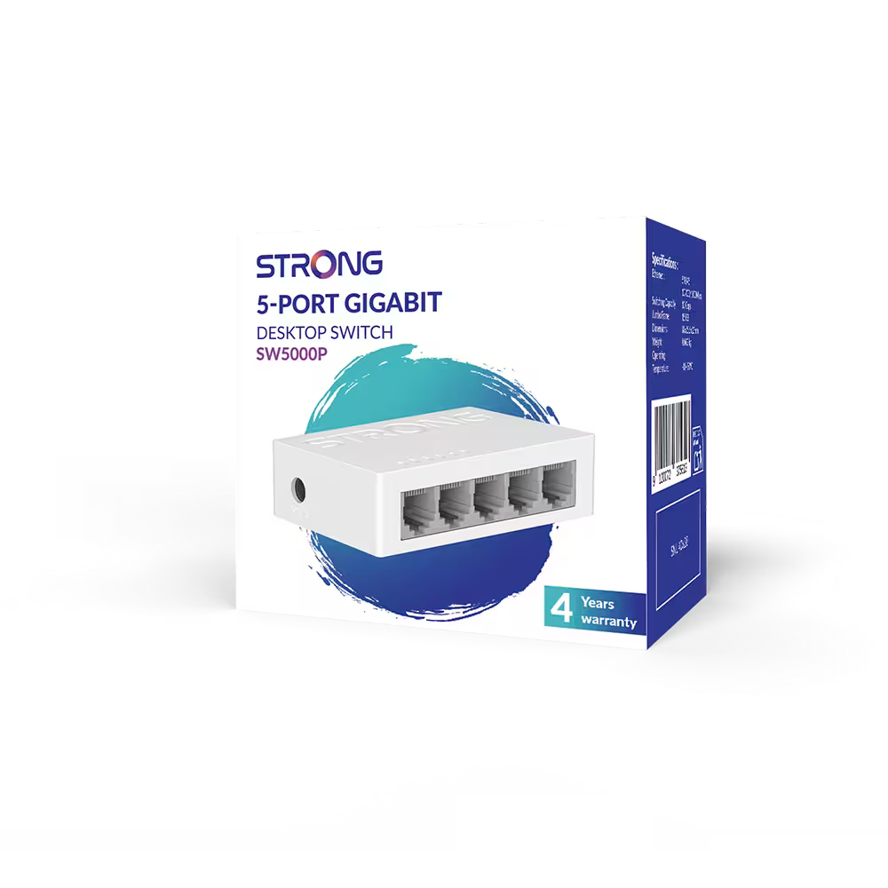 STRONG SW5000P – Switch Desktop Gigabit 5 Porte 10/100/1000 Mbps, Plug & Play, Plastica, Fanless