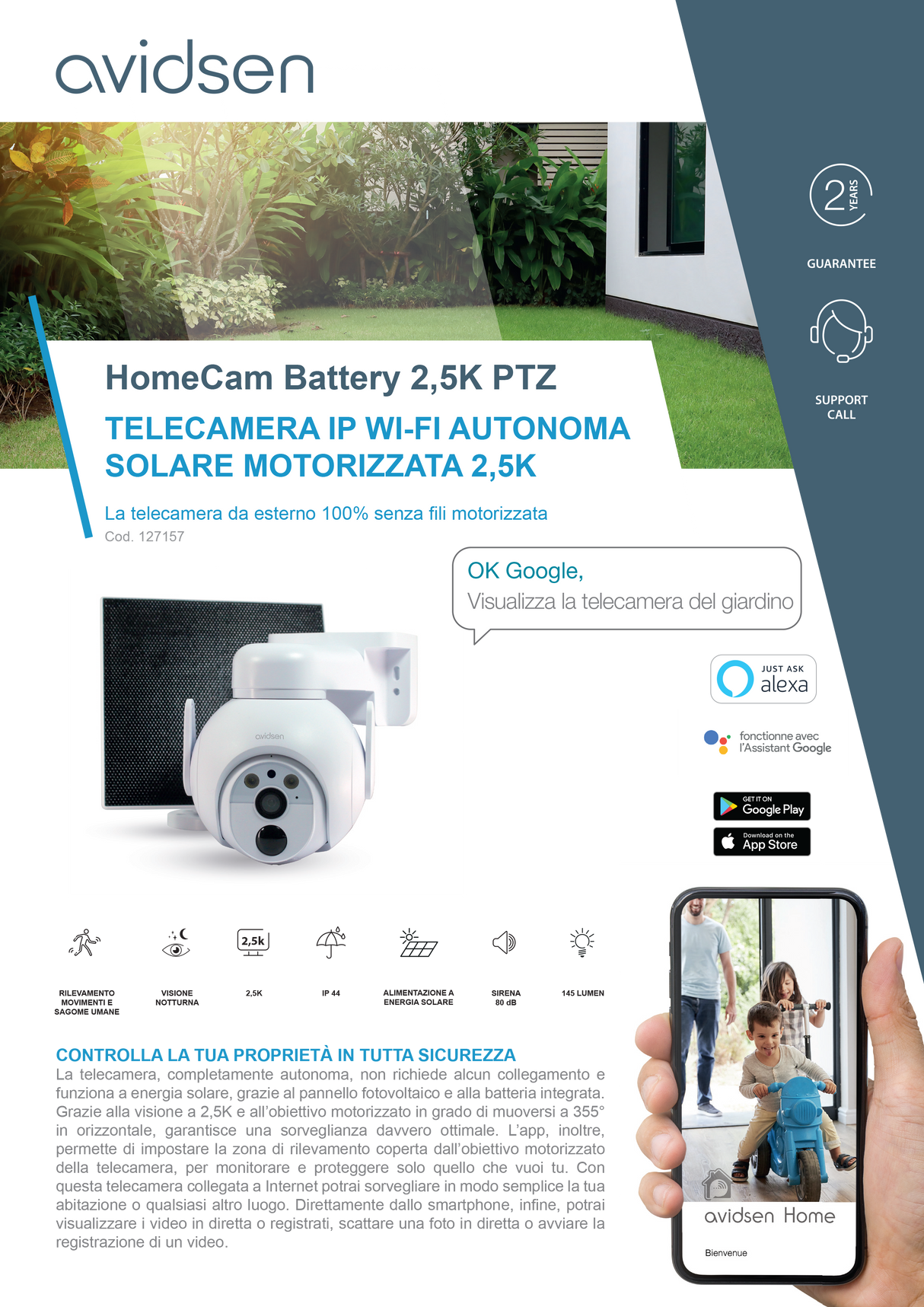 Telecamera IP motorizzata per esterni 2,5K - Solare a batteria HomeCam