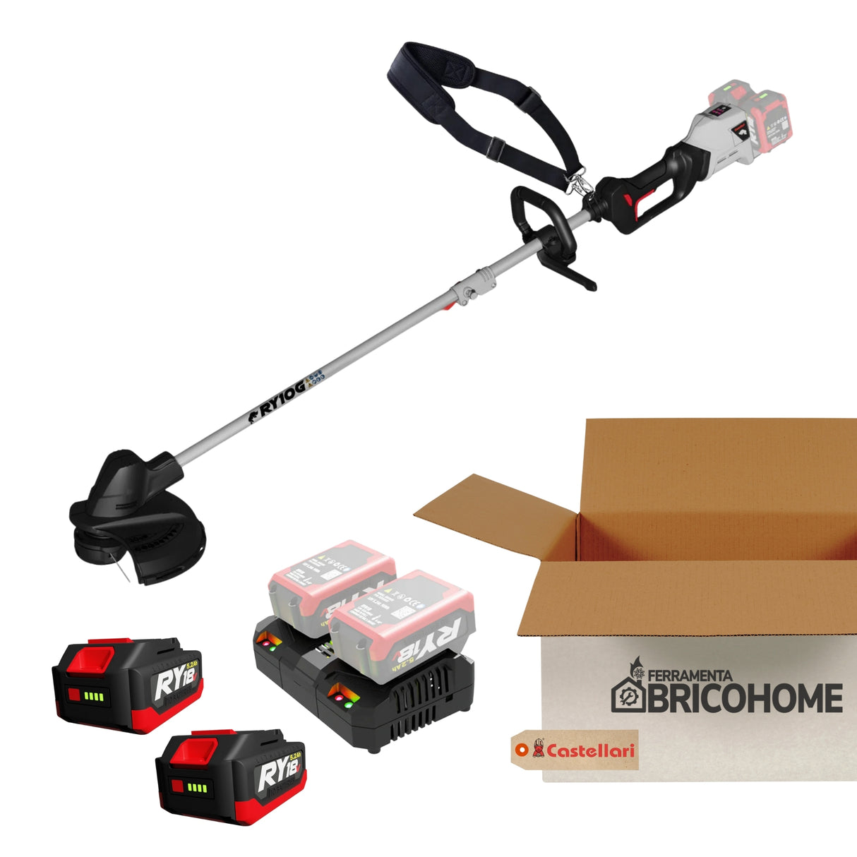 Kit Castellari Decespugliatore RY10G con 2 Batterie da 18V e Caricabatterie Rapido [BUNDLE]