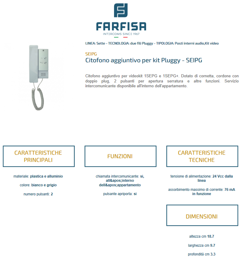 Citofono aggiuntivo per kit Pluggy - SEIPG FARFISA