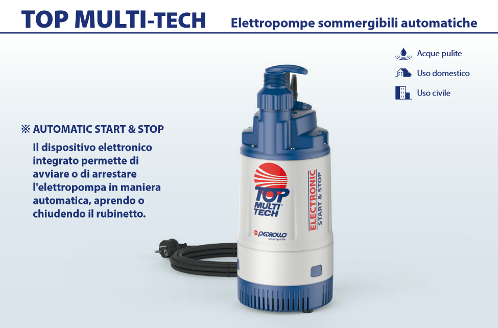 PEDROLLO TOP MULTI TECH 2 - 0.75HP automatic multi-impeller submersible electric pump