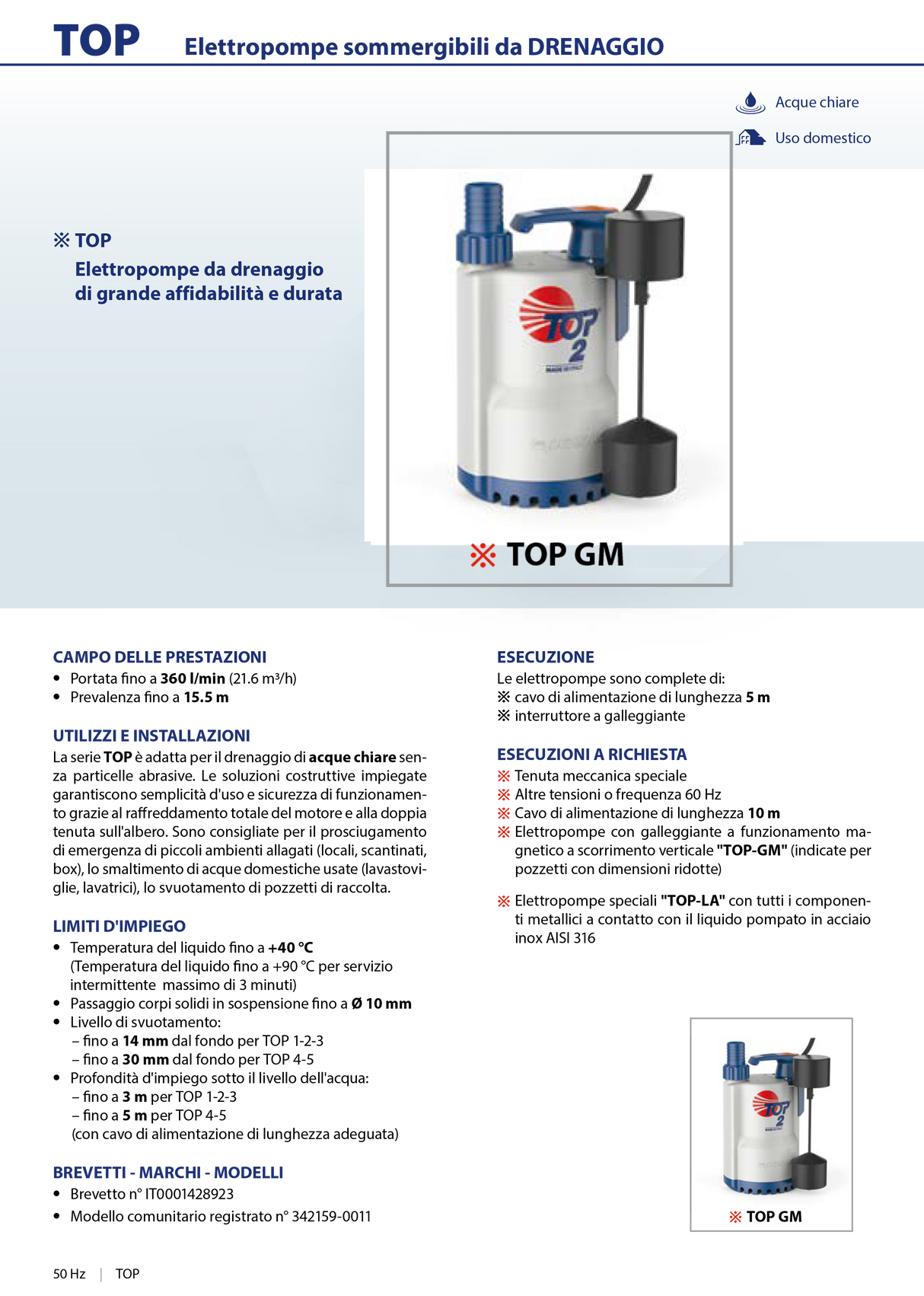 Elettropompa sommergibile per drenaggio acque chiare 0,33HP TOP1 -GM PEDROLLO