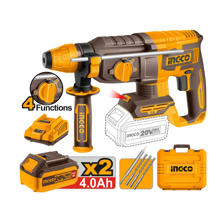 INGCO CRHLI202682E – Martello Perforatore Brushless 20V | 4 Funzioni | SDS-Plus