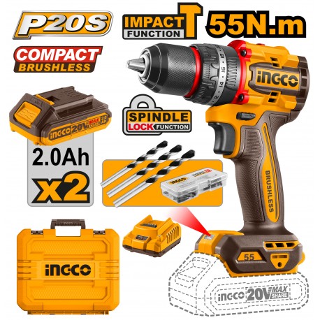INGCO Trapano Avvitatore COMPACT con percussione 20V 55Nm BRUSHLESS con 2 batterie 2Ah