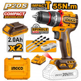 INGCO Trapano Avvitatore COMPACT con percussione 20V 55Nm BRUSHLESS con 2 batterie 2Ah