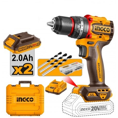 INGCO Trapano Avvitatore COMPACT con percussione 20V 55Nm BRUSHLESS con 2 batterie 2Ah