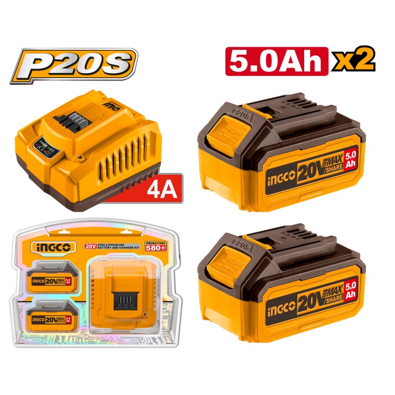 INGCO Kit starter 2 batterie da 5Ah + caricabatteria rapido 4Ah (FBLI2003 + FCLI20411E)