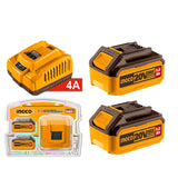 INGCO Kit starter 2 batterie da 5Ah + caricabatteria rapido 4Ah (FBLI2003 + FCLI20411E)