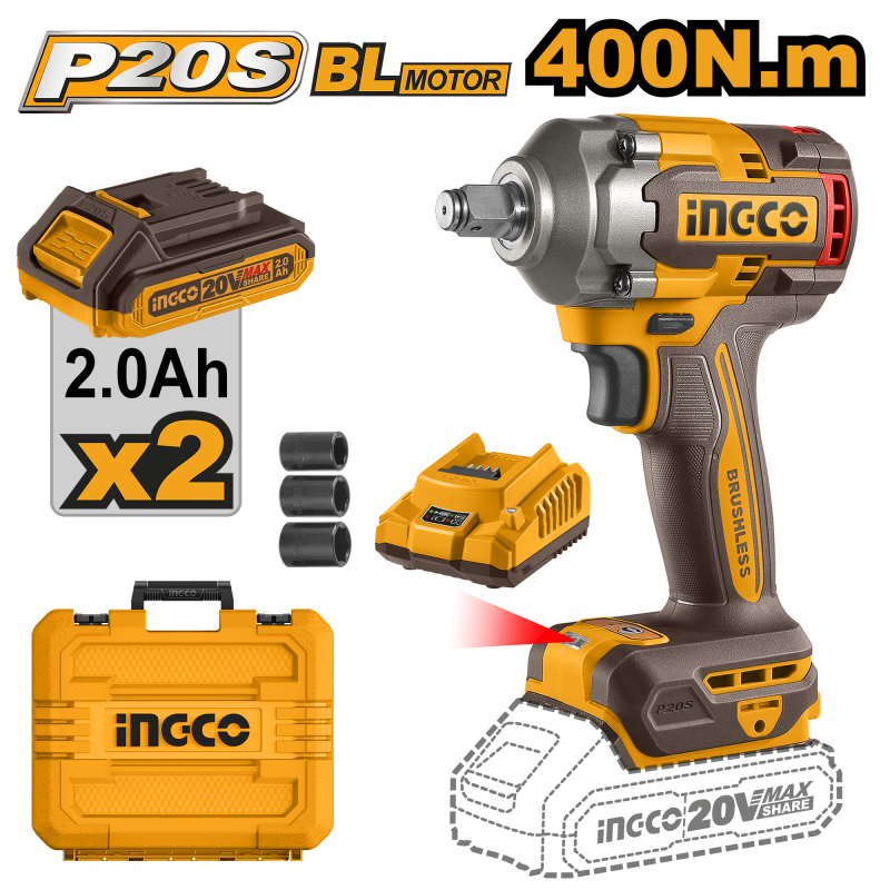 INGCO Avvitatore ad Impulsi Brushless 400 Nm | 20V con 2 batterie da 2Ah e valigetta