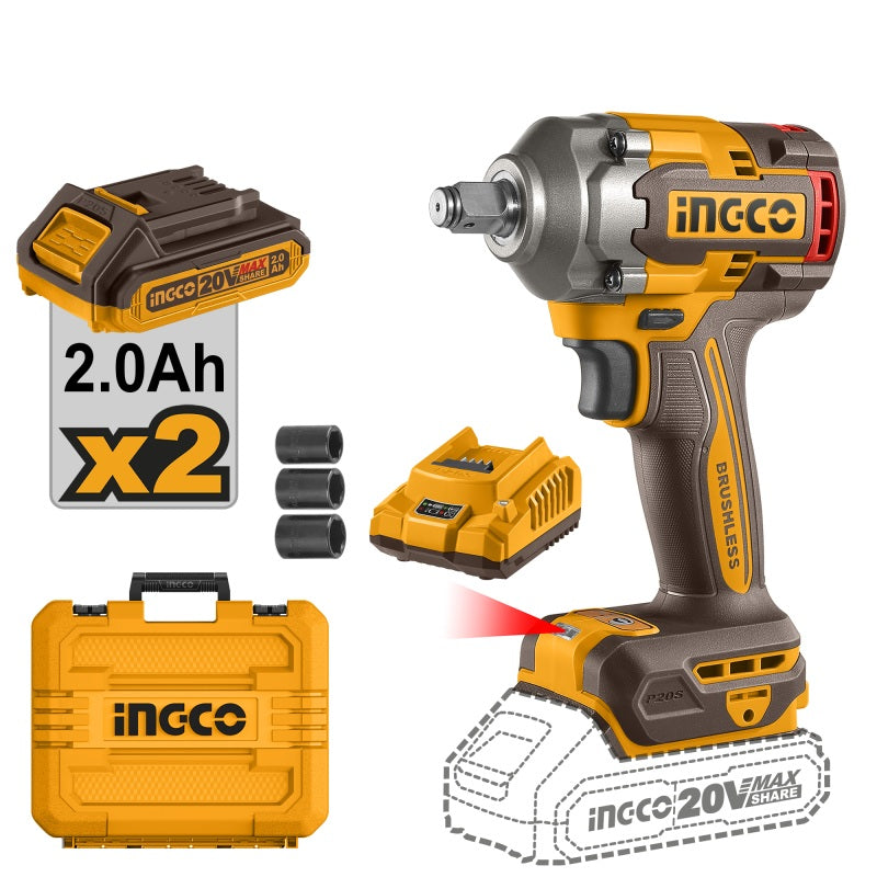 INGCO Avvitatore ad Impulsi Brushless 400 Nm | 20V con 2 batterie da 2Ah e valigetta