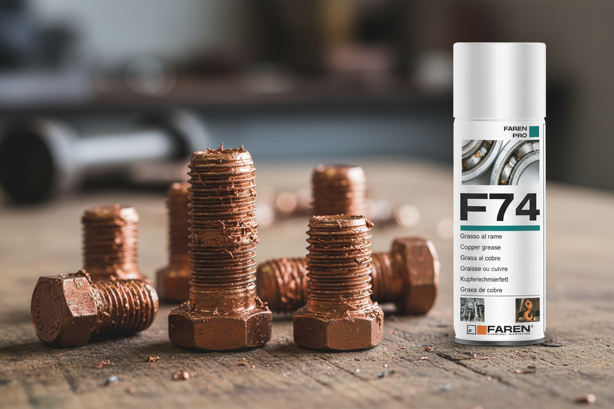 Bulloni trattati con F74 e bomboletta sullo sfondo