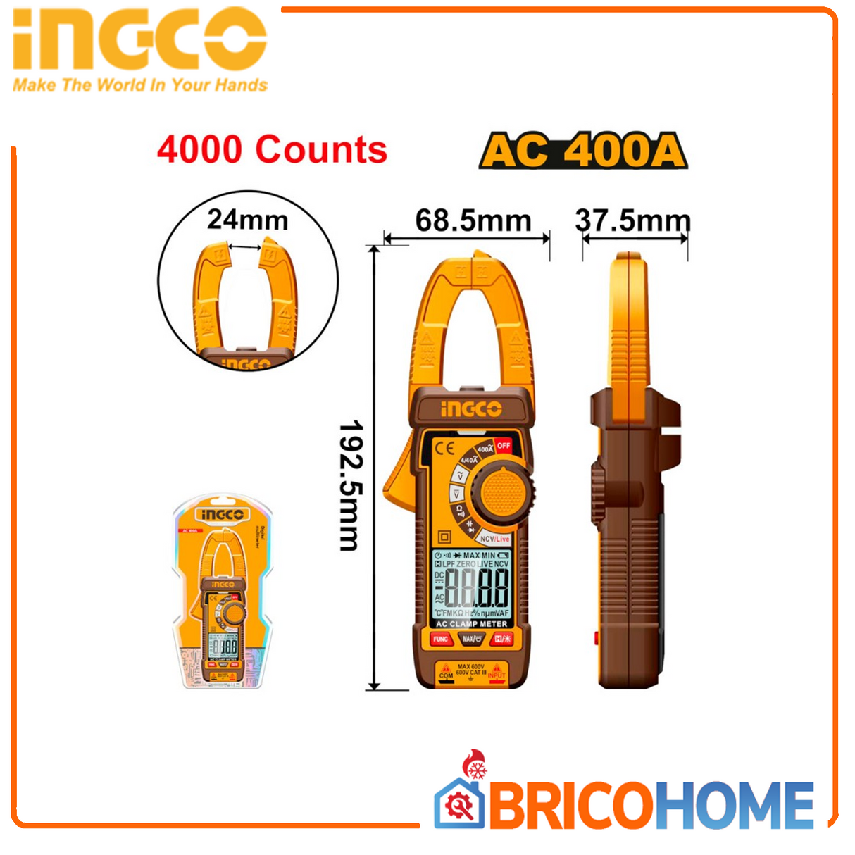 INGCO DCM62001 – Multimetro con Pinza Amperometrica Digitale AC 400A | True RMS | 4000 Counts