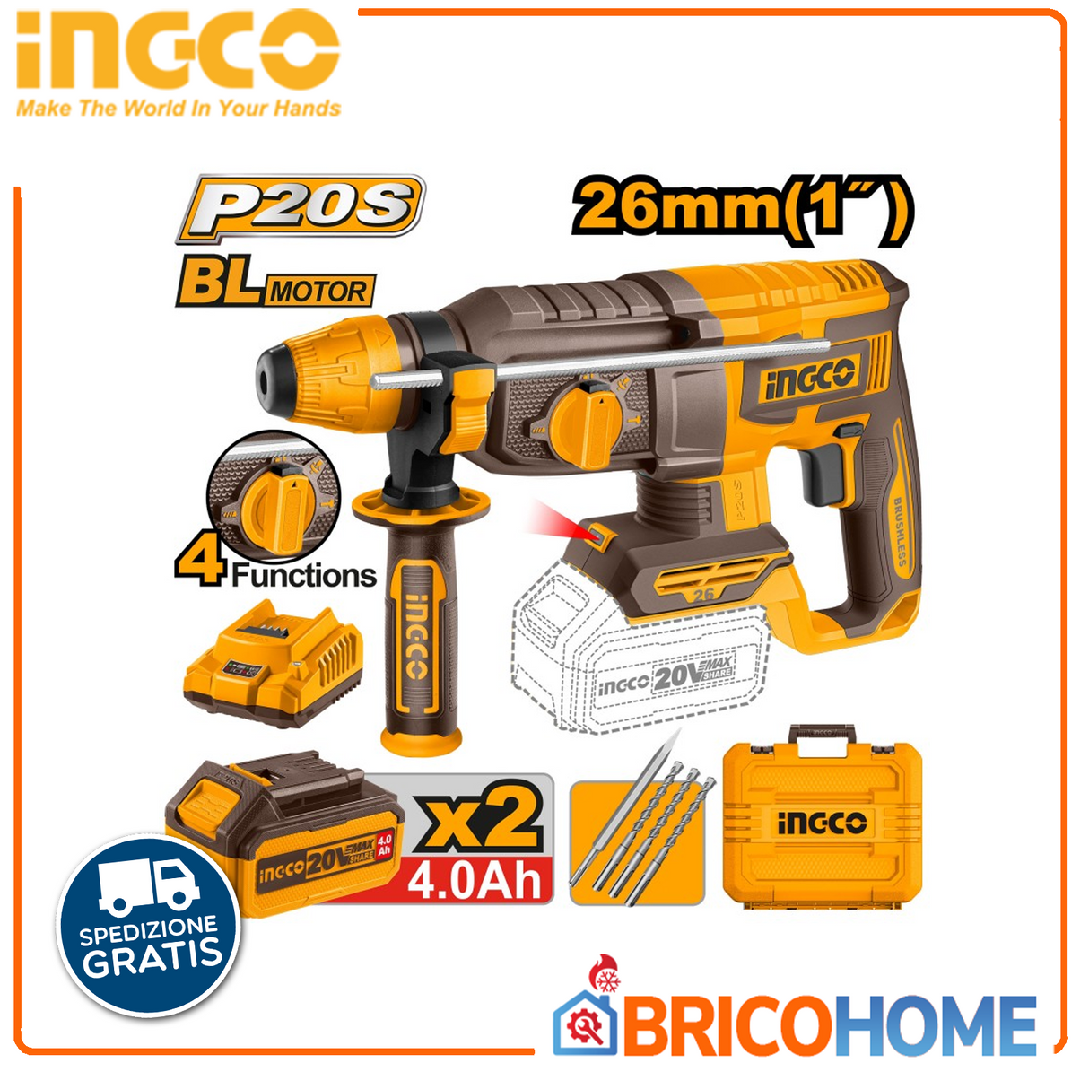 INGCO CRHLI202682E – Martello Perforatore Brushless 20V | 4 Funzioni | SDS-Plus
